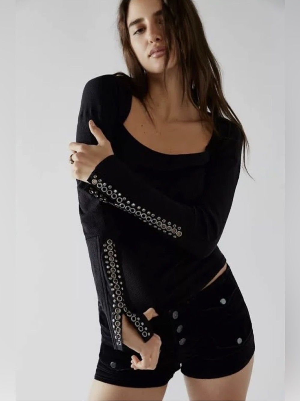 Free People A Little Unruly Black Waffle Stud Long Sleeve Ribbed Top Shirt L